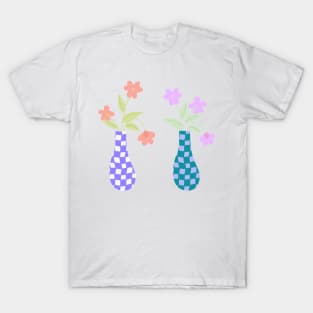 Pair of Checkered Vases with Pink and Purple Flowers T-Shirt